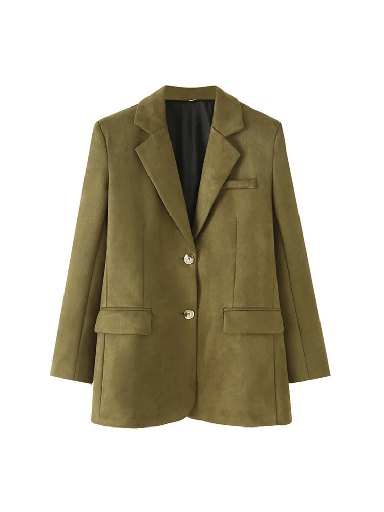 معطف نسائي من جلد الغزال الصناعي بلون سادة وأكمام طويلة مع جيوب أمامية ملابس خارجية أنيقة للنساء #4