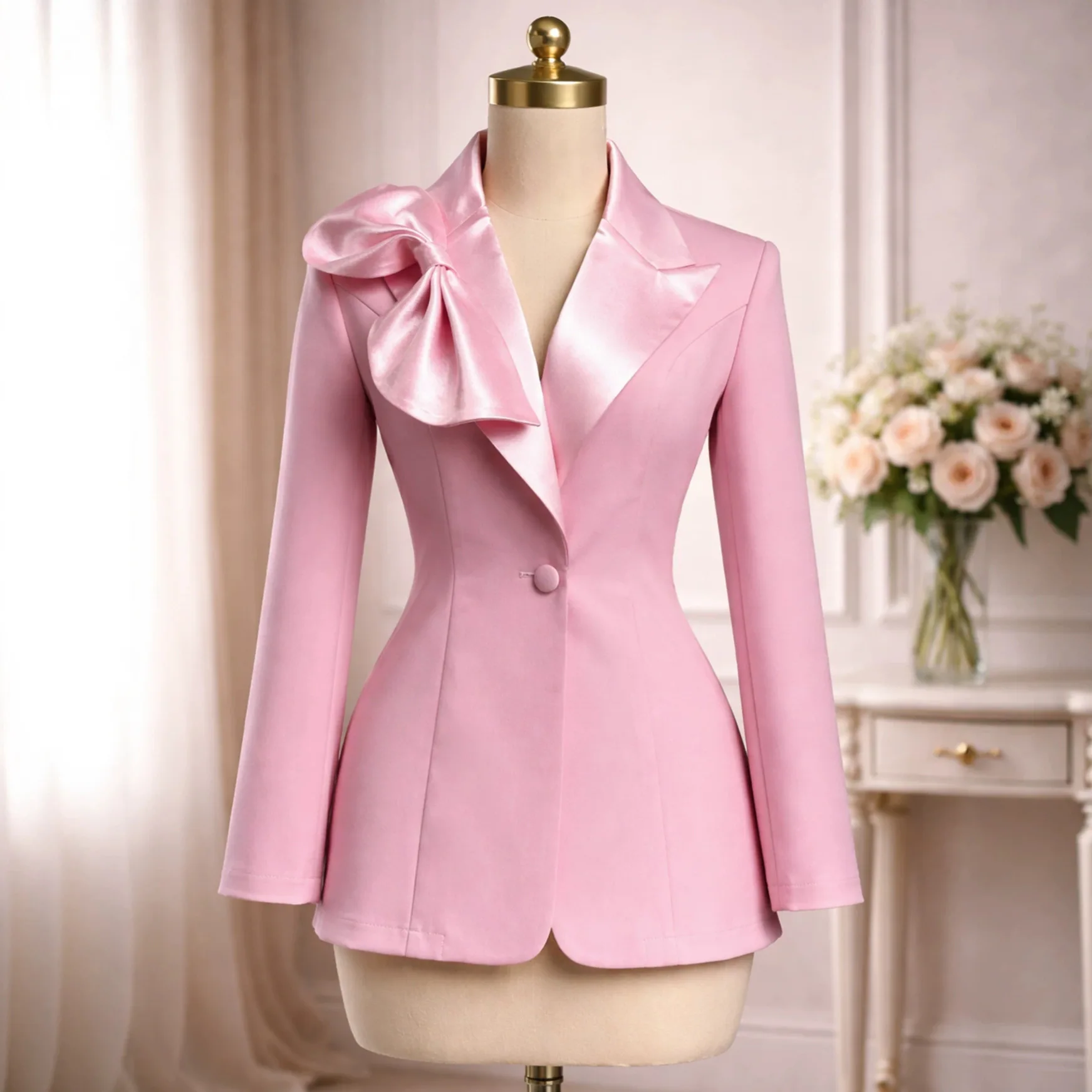 New Three-dimensional Bow Blazer, Waist-cinching Slimming Elegant, Suitable For Commuting, Satine Necklace Suit Jacket Maxi