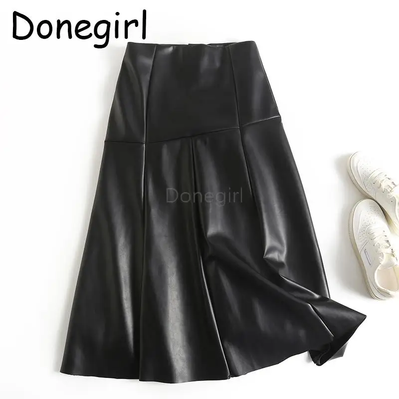 

Donegirl 2023 New Women Fashion Autumn Winter High Waist Slim PU Leather Pleats Skirt Solid Simple Midi Skirt Female Chic