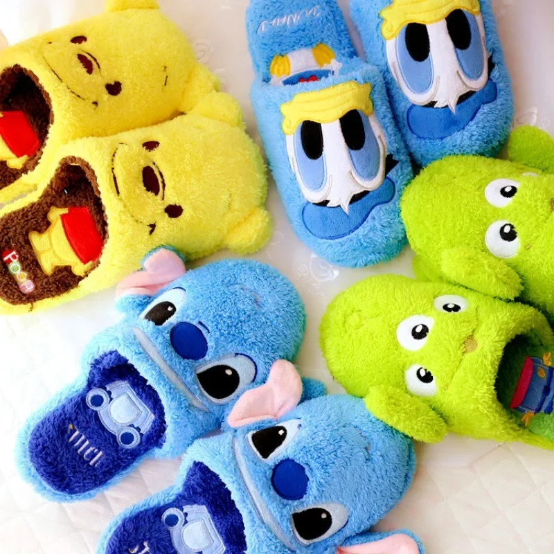 Disney Stitch Alien Donald Winter Slippers Women Shoes Cute Cartoon Home Slippers Girls Warm Plush Indoor Non-Slip Floor Slipper