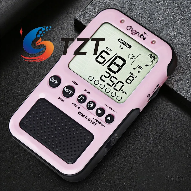 TZT Cherub WMT-918T Metrónomo sintonizador recargable 3 en 1 (negro/blanco/rosa/azul/rosa rojo) con soporte plegable para auriculares estéreo