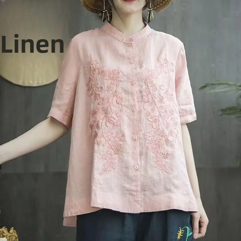 

Свободный женский свободный топ из чистого хлопка с вышивкой ort Sve irt и воротником-стойкой, художественный женский свободный крой, повседневный топ из льняной ткани