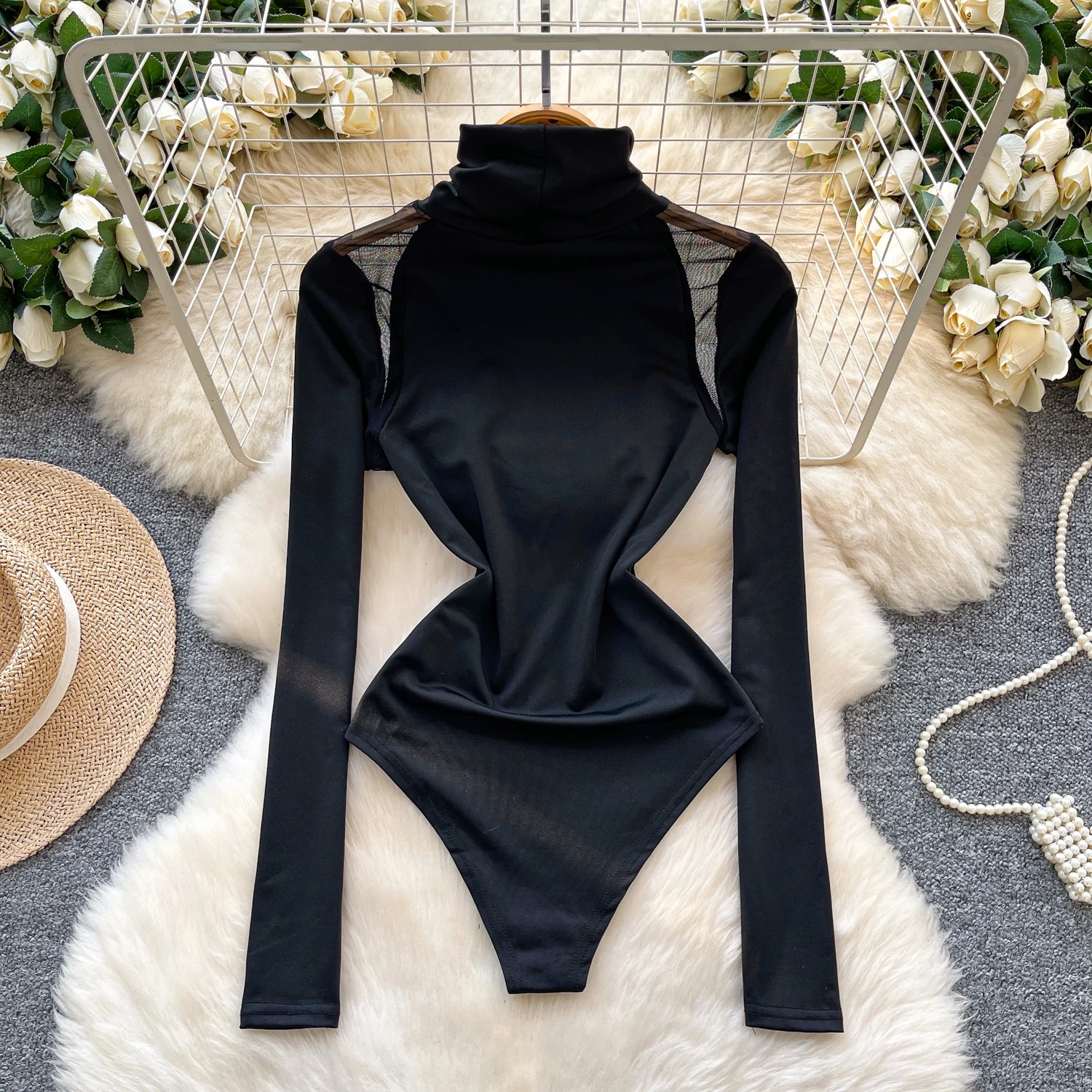 sexy long sleeve mesh Turtleneck Vintage Straps Bodysuits Chic Jumpsuits Top Hotsweet Clothing