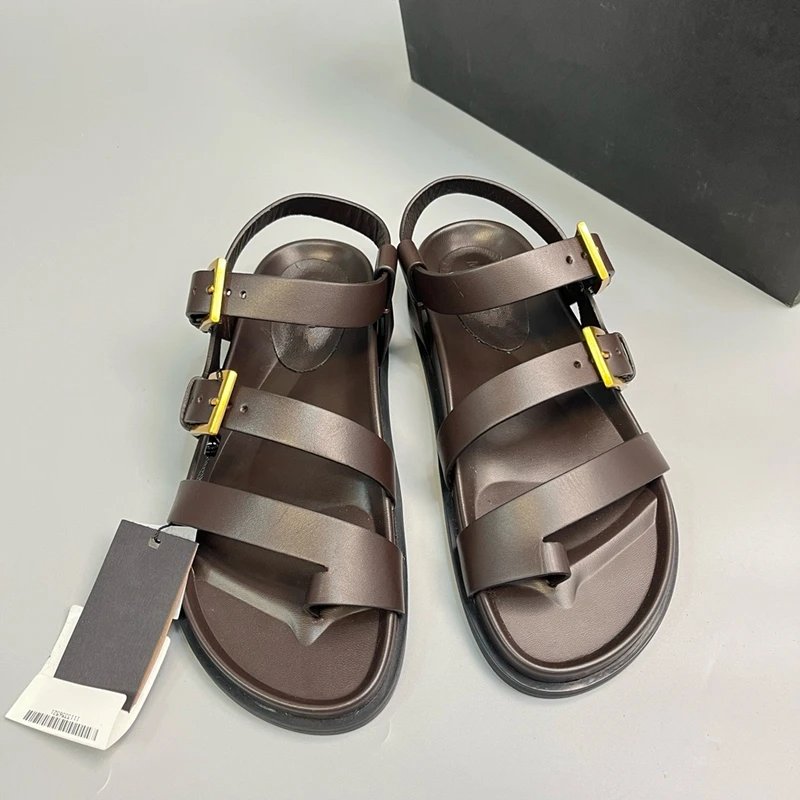 Donegirl Genuine Leather Roman Sandals Summer Outdoor Casual Open Toe Strap Buckle Back Strap Solid Color Fashion Women Sandals