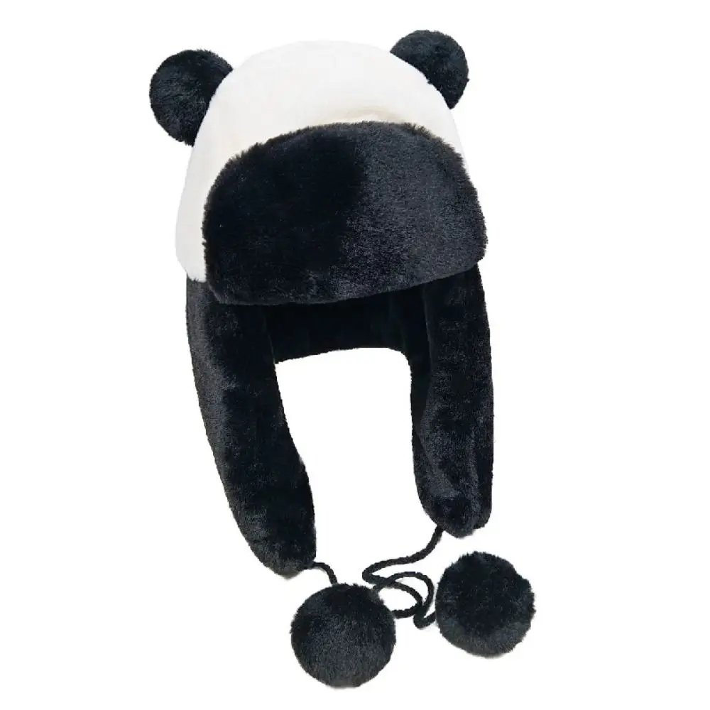 Cute Faux Fur Warm Hat Plus Velvet Panda Style Pilot Cap Ear Protection Cold-proof Winter Skiing Hat Cycling Activity