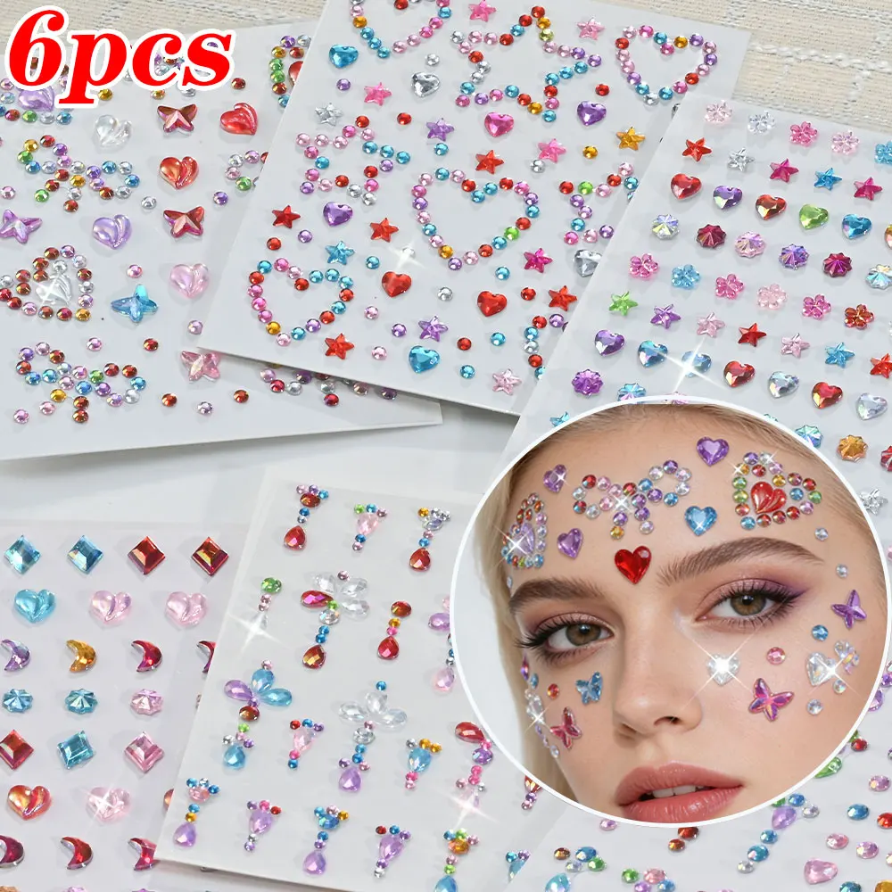 

6Pcs Cute Heart Moon Star Butterfly Face Gems Stickers 3D Self Adhesive Heart Star Rhinestones Jewelry for Face Eye Nail Body