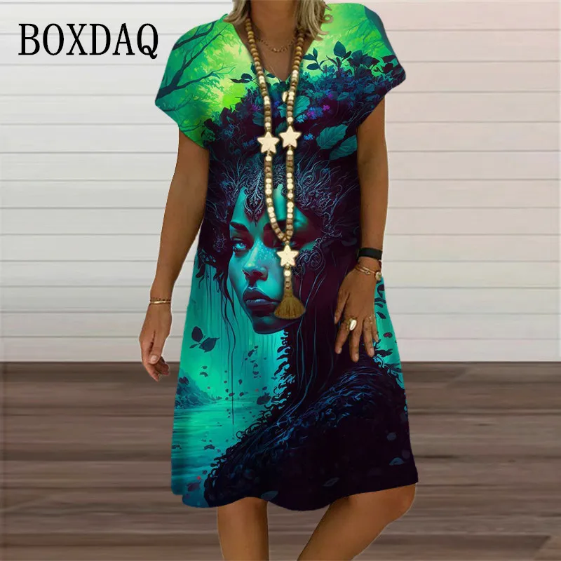 Fashion Streetwear Hip Hop Gothic Dress Women Abstract Painting 3D Print Dress Vintage Short Sleeve V-Neck Loose Oversized Dress