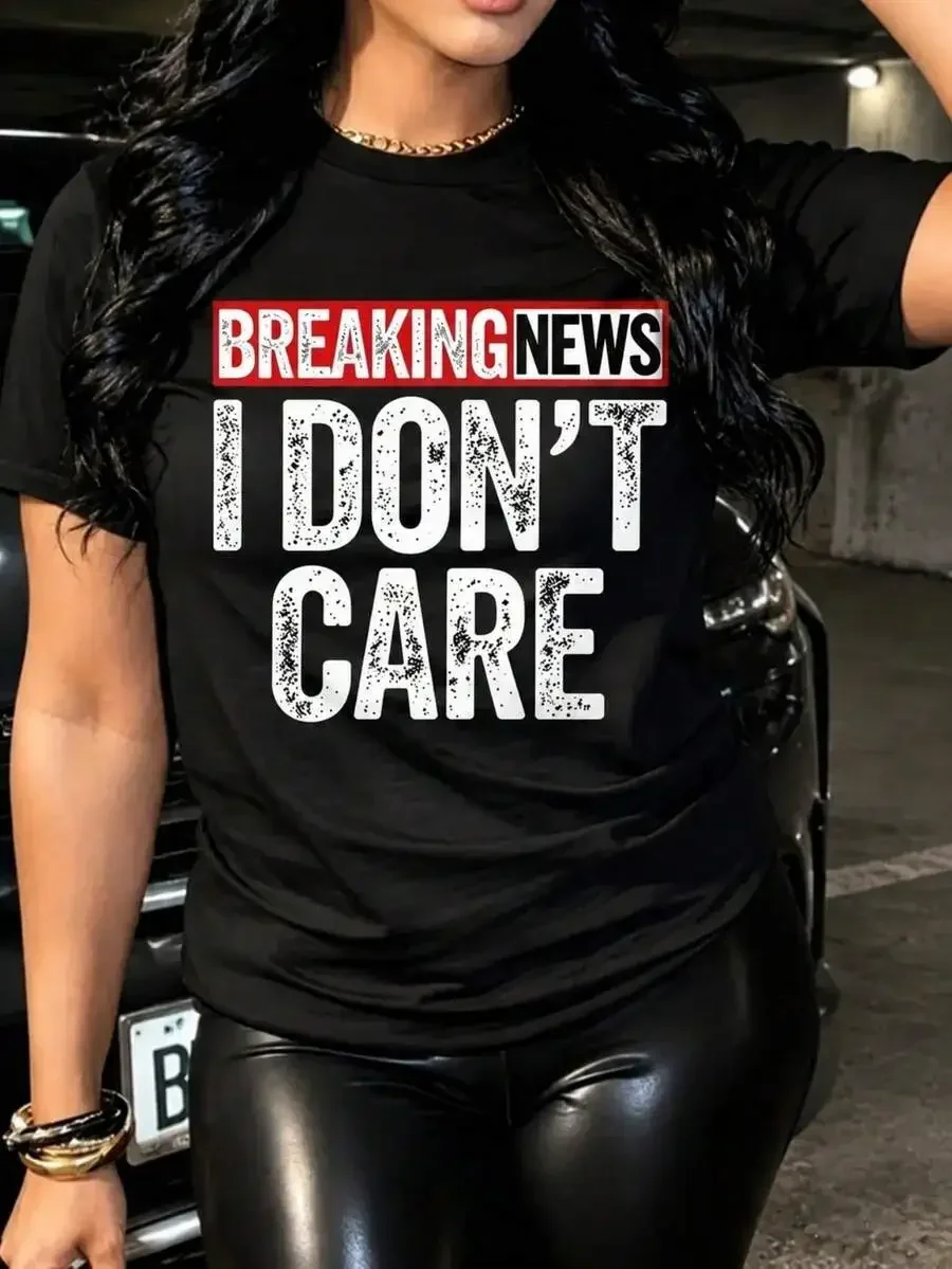 2026 Fashion New Distressed Breaking News I Don't Care Letter Graphic Tees Women Bold Slogan Y2K Style Round Neck Short Sleeve Summer Casual Basic Top Tee