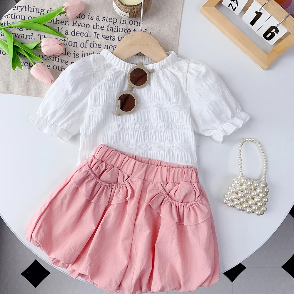

Girls Summer Outfit Sweet Cute Puff Sleeve Top + Short 2 Pcs Set 3-7 Years Children Daily Wear Fashion Casual Clothing