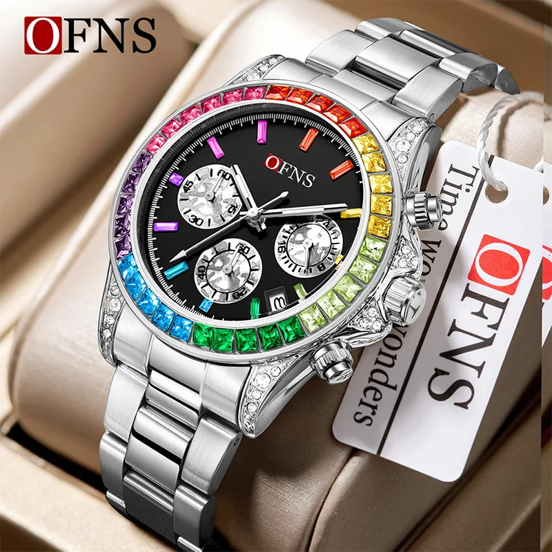 OFNS1579 Rainbow Diamond Chronometer Men's Watch Six Pin Quartz Movement Waterproof Calendar Night Light Luxury Women's Watch