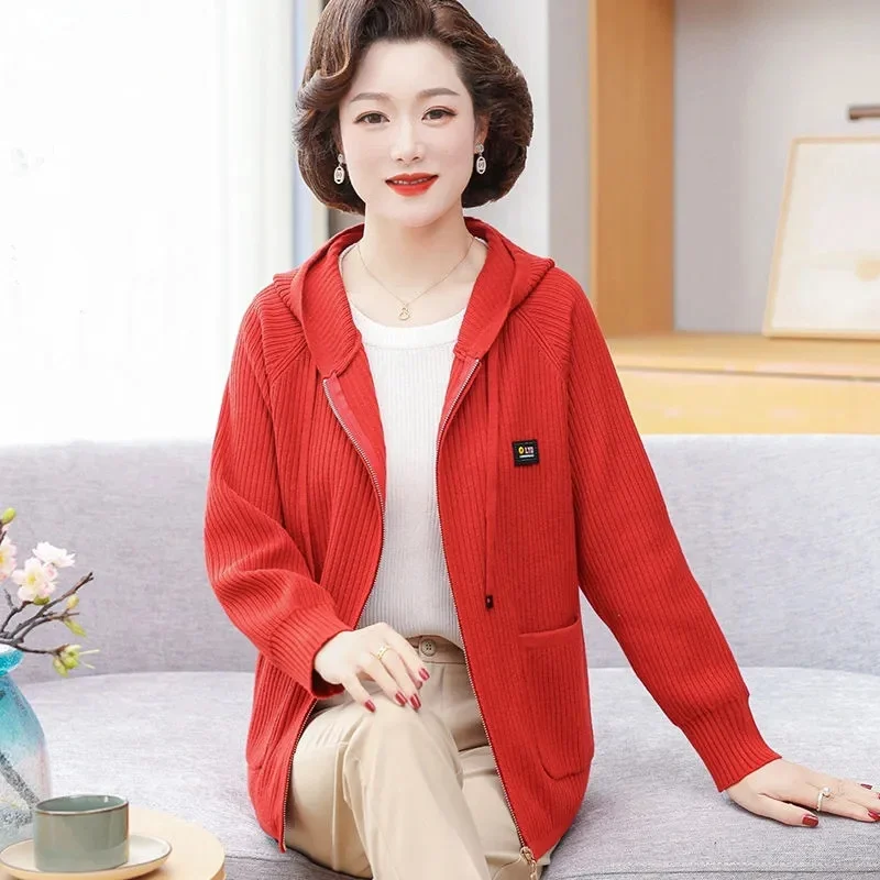 2023 New Mom Spring Autumn Fashion Foreign Style Coat 40 Year Old 50 Middle Aged and Elderly Women\'s Leisure Top Hooded Cardigan