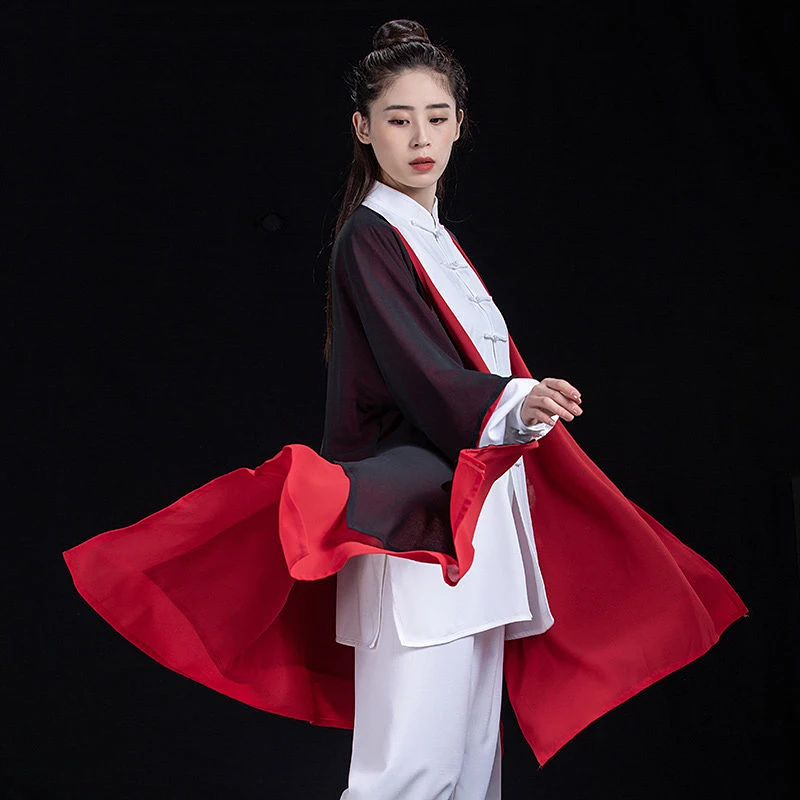 Unisex Double-Layer Tai Chi Suit Shawl Collar Flowing Qigong Group Performance Competition Overlay for Adults