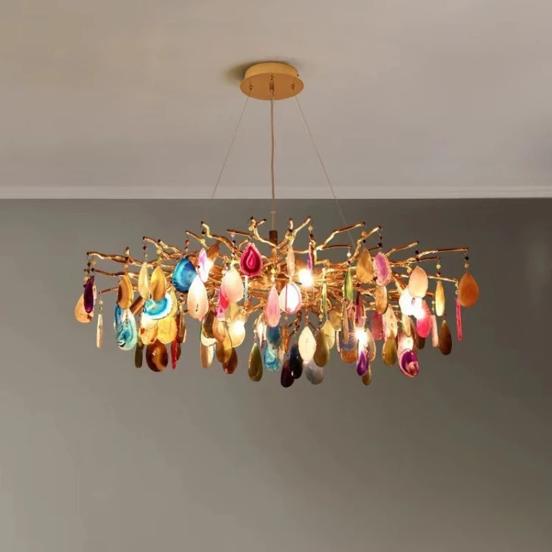 Luxury Natural Agate Chandeliers Colorful Green Blue Lighting Foyer Living Dining Room Restaurant Bedroom Pendant Lamp