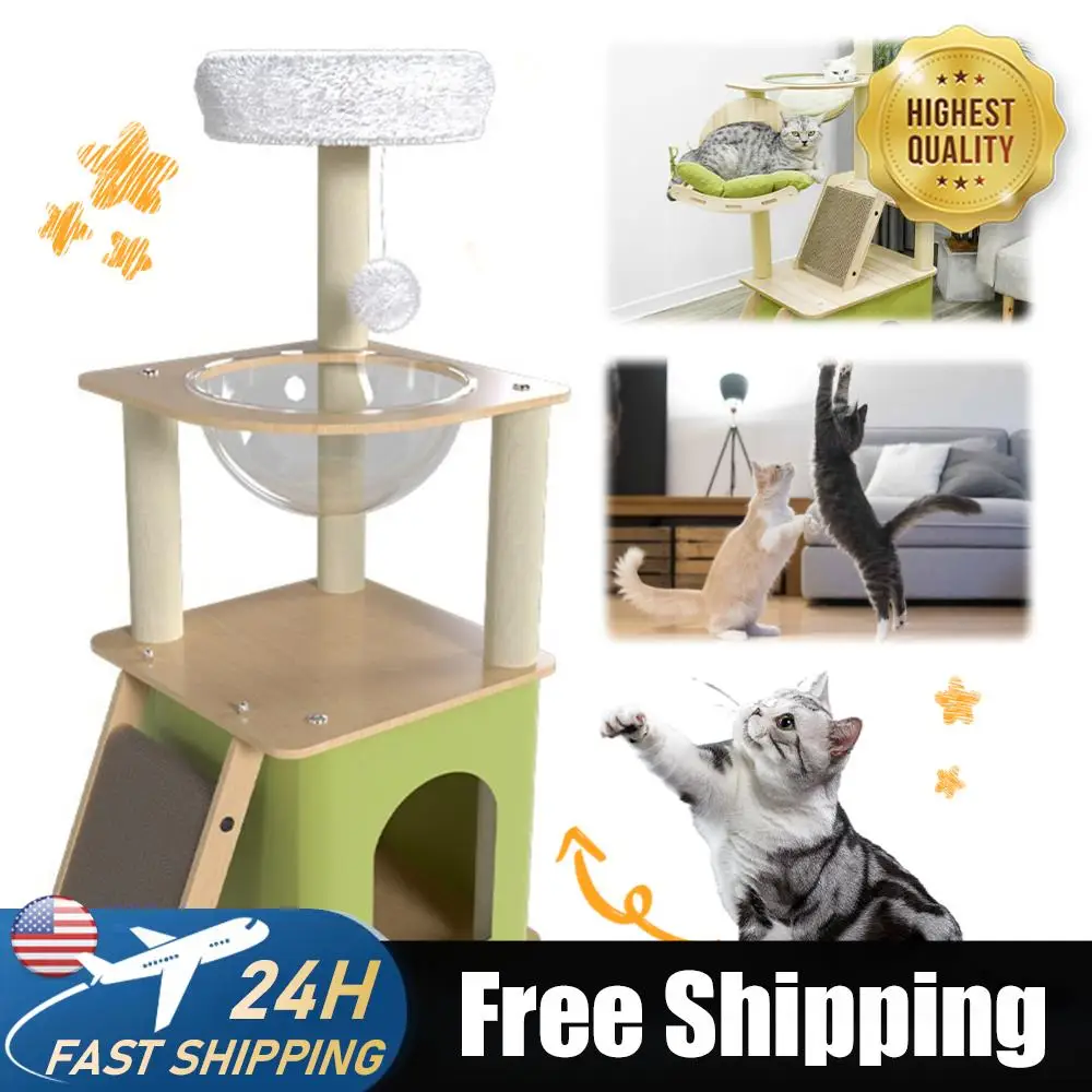 

Зеленая когтеточка-дерево для кошек с домиками, когтеточками-капсулами, игровой площадкой и лазалкой. Игровой комплекс-башня для кошек. Товары для животных.