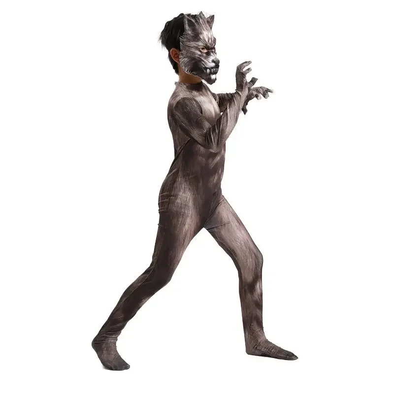 Werewolf Cosplay Costume Jumpsuit 3D Mask Suit Bodysuit Carnival Birthday Party Clothes Animal Wolf Costume for Kids Adult