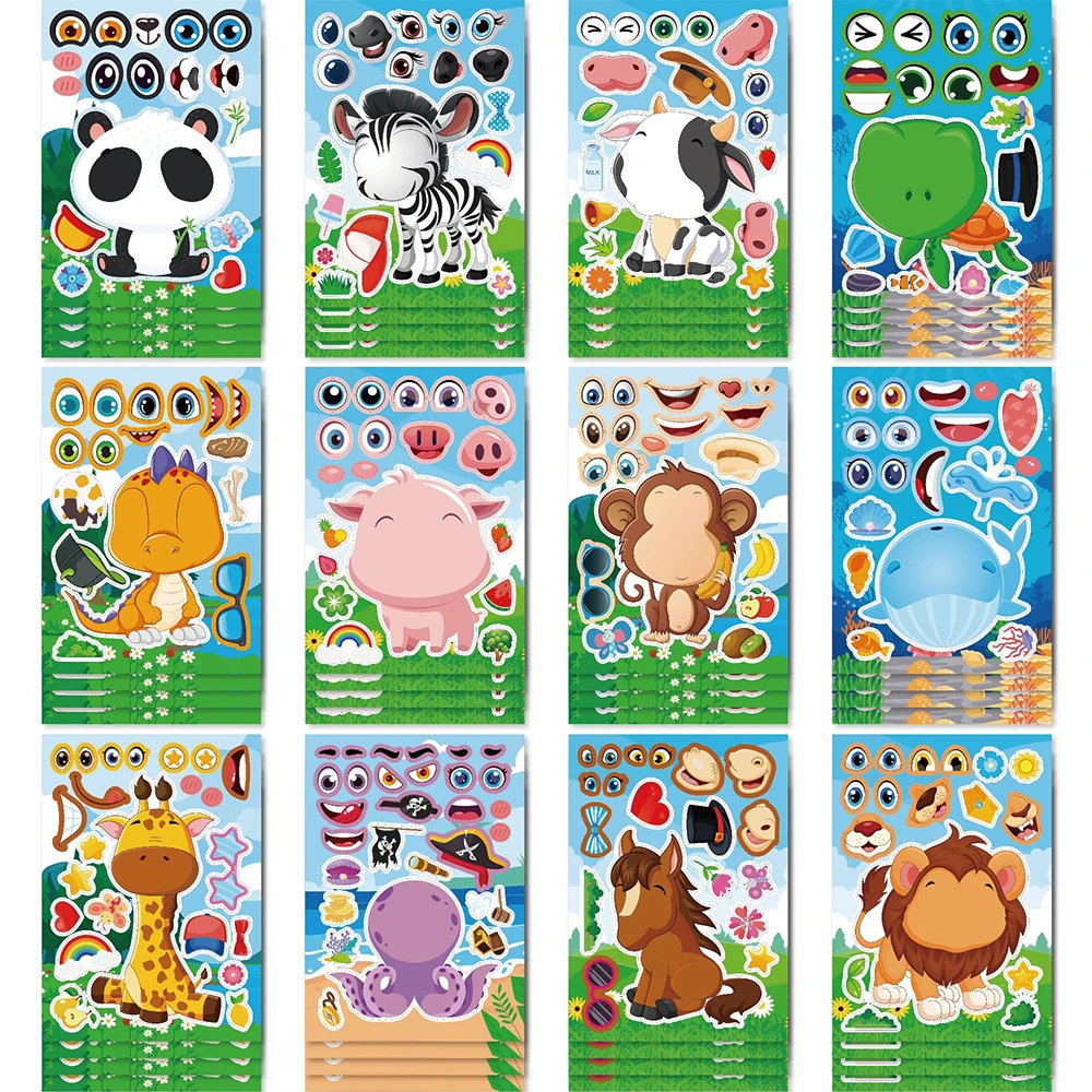 6/12Sheets Cute Animal Make a Face Puzzle Stickers Kawaii Cow Panda Cartoon Graffiti Decal Assemble Jigsaw Reward Sticker Toy