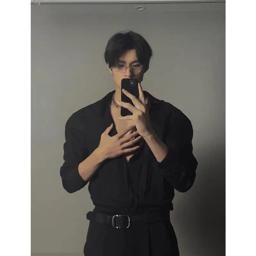 

Black Shoulder Pad Shirt Men's High-End Neapolitan Long Sleeve Shirt Monastic Series Iron-Free Trendy Base Layer Western Suit