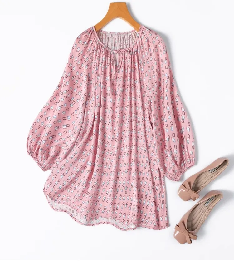 

Birdtree 20MM 93% Mulberry Silk 7% Spandex Shirt,Women Elastic Double Qiao Lantern Sleeve O-neck Tie Blouse,2025 New T58320JF