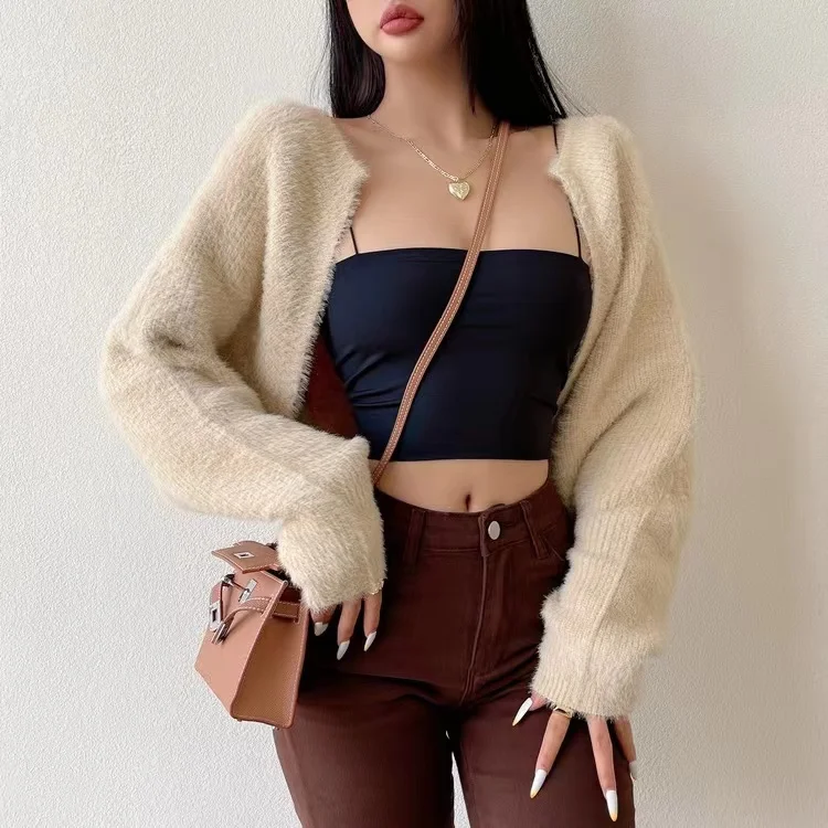 Mohair Knitted Bolero Cardigan for Women Open Front Cropped Shrug Sweater Fuzzy Long Sleeve Trendy Knitwear