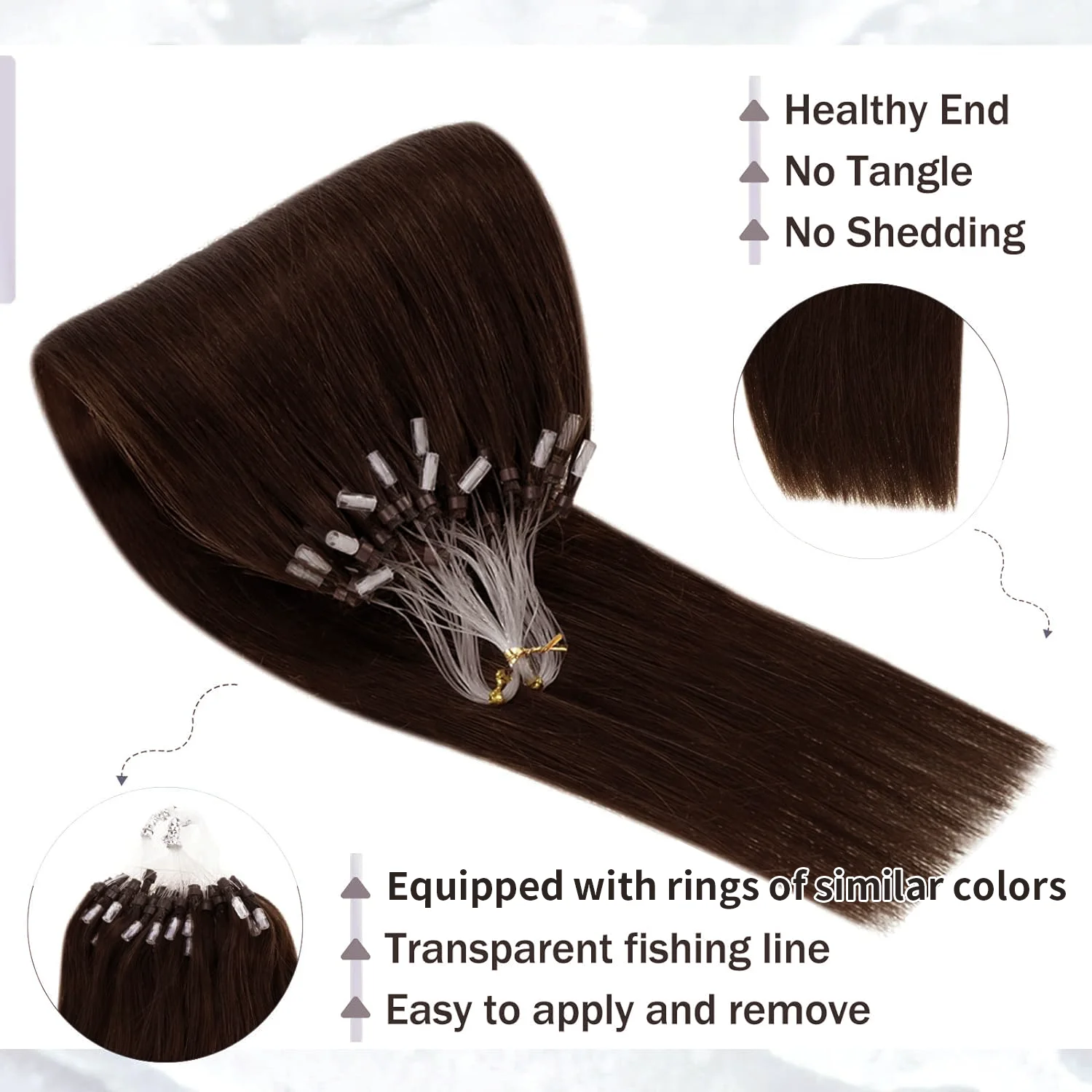 Micro Loop Hair Extension Micro Ring Loop Hair Piece Beads Cold Fusion Stick Tipped Hair Fish Line Natural Straight Real Hair #2