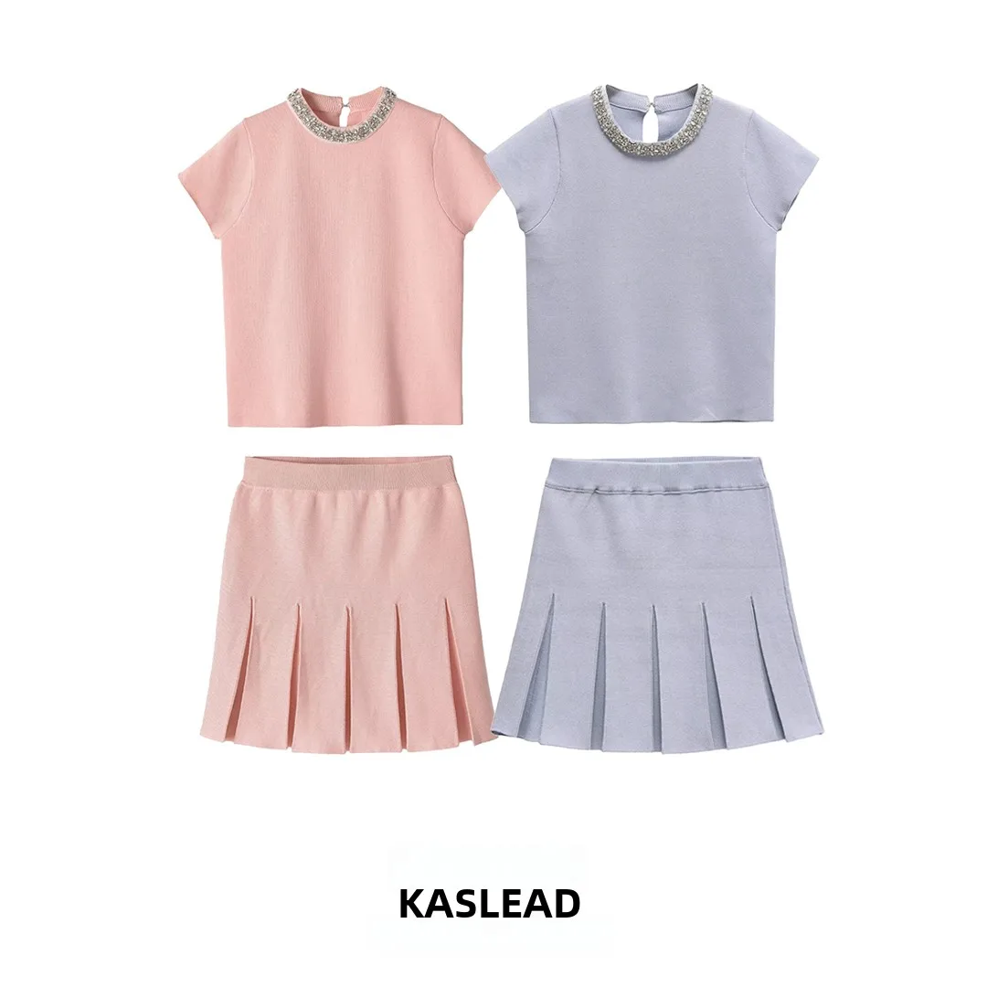 

KASLEAD New Women's Fashion Knitted Top And Skirt Set Jewelry Decorative Wind Style Short Sleeve Summer Outfit Two-Piece Set