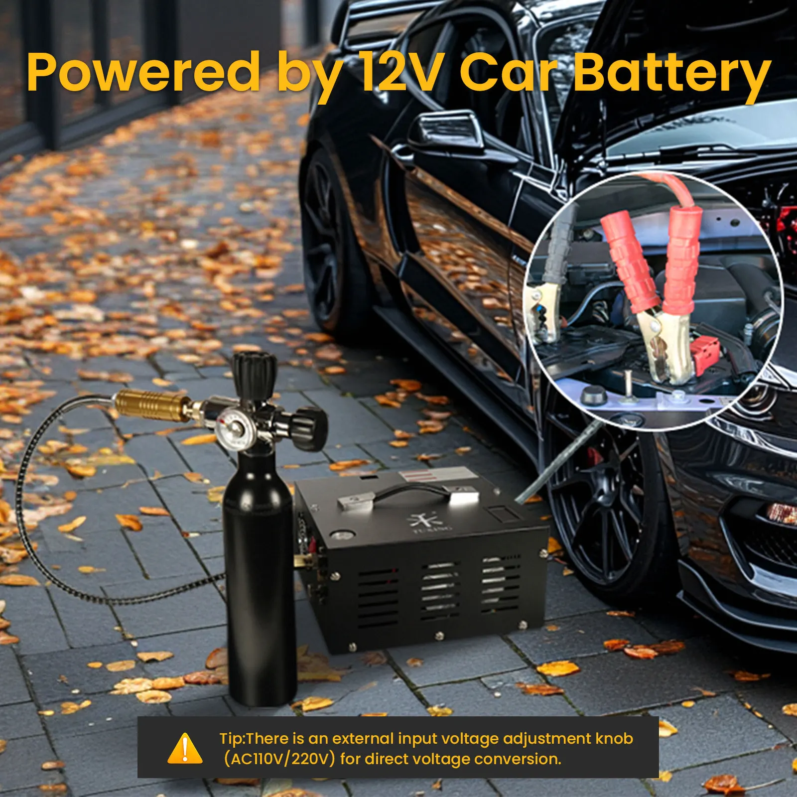 TUXING 300Bar PCP Air Compressor 110V/220V Adjustable Voltage High Pressure Air PUMP with 12VCar Power Supply for PCP Rifle Tank