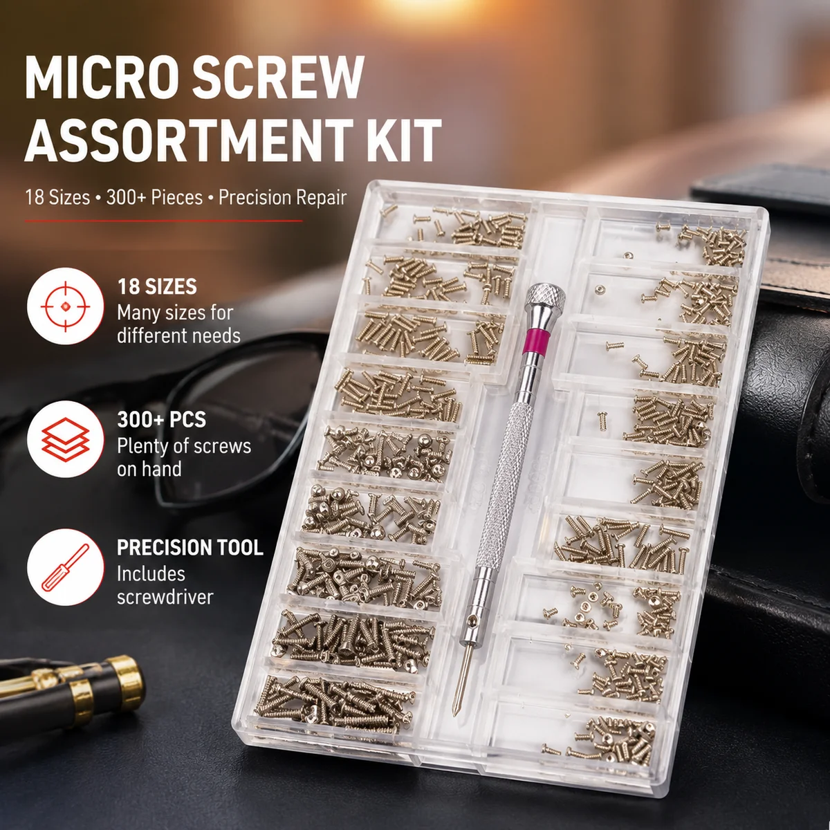 300Pcs Micro Screw Assortment Kit, 18 Sizes Mini Screws with Precision Screwdriver for Glasses, Watches, Laptop and Belt Repair