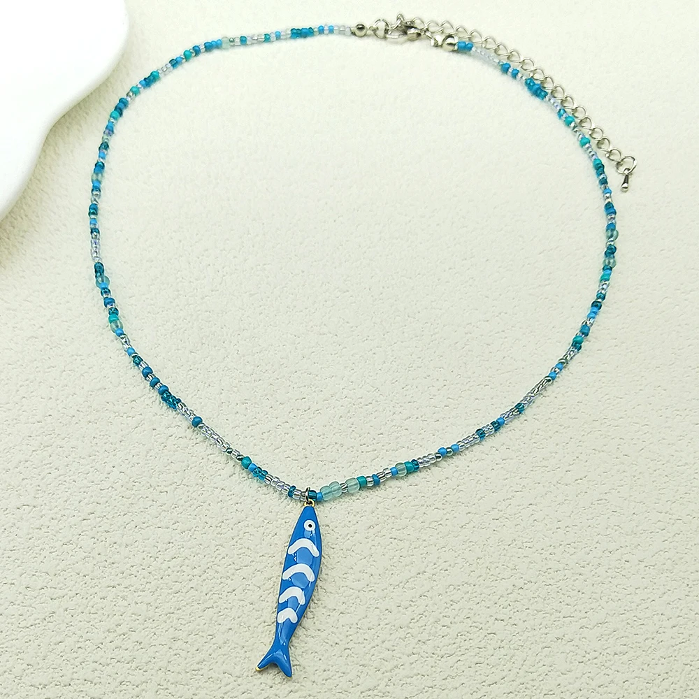 Bunte Fisch Anhänger Halskette für Frauen Mädchen handgemachte gewebte Perlen Dopamin Farbe Meer Party Sommer Mode Kette Halsband Schmuck – Detail 7