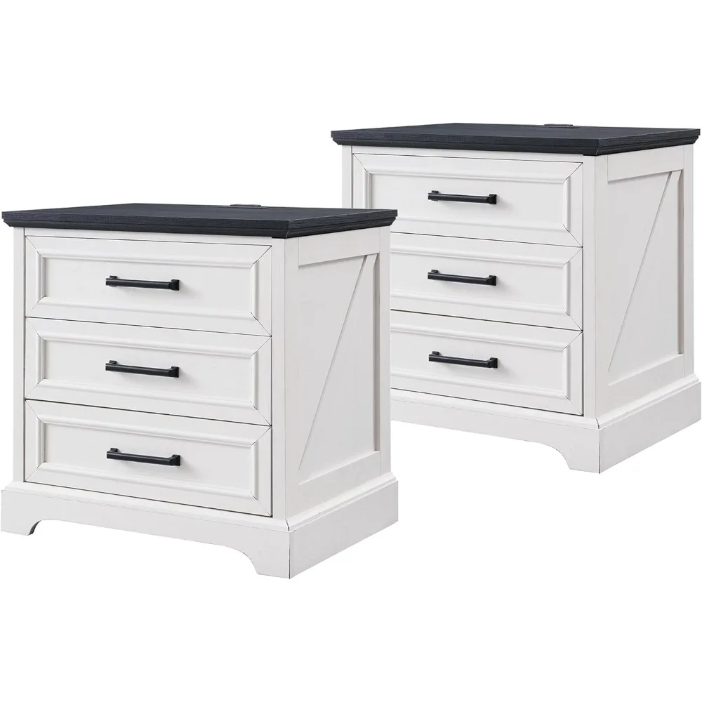 

farmhouse nightstands set of 2, 22 inch wide end table with charging station & 3 large drawers, rustic wood small dresser chest