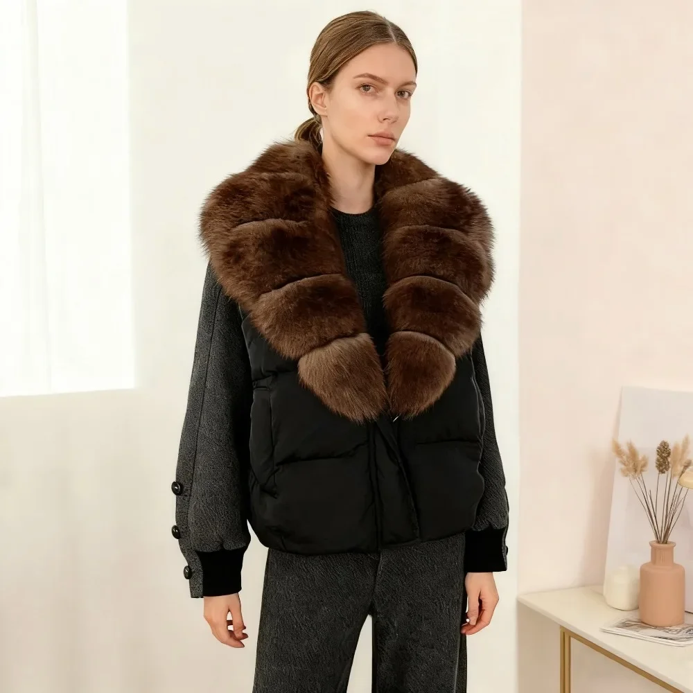 Reality Fur Jacket Women New Puffer Jacket Autumn Winter Loose Patchwork Sleeves Natural Real Fur Collar Down Coat Female Thick