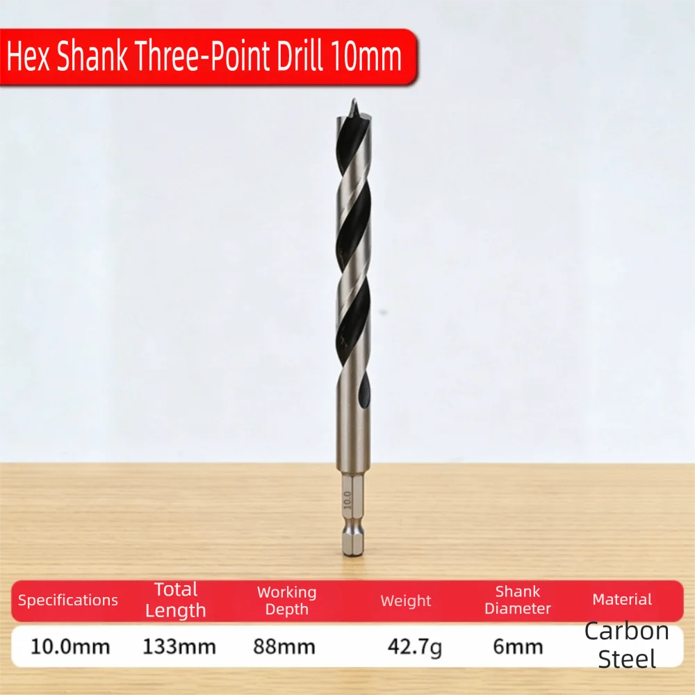 3-10mm Woodworking Drill Bit Hex Shank High Hardness Hole Drilling Tool Three-Pointed Spiral Flute Twist Drill Bit