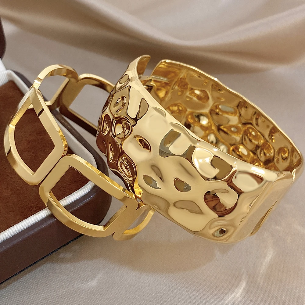 Trendy Irregular Grain Geometric Hollow New Stainless Steel Bangle for Women Golden Waterproof Spring Wide Bracelet Jewelry Gift