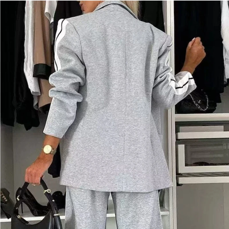 Nuevo conjunto de traje informal a rayas blancas y negras para mujer, ropa para mujer, chaqueta de oficina a la moda, pantalones de pierna ancha, conjunto de dos piezas