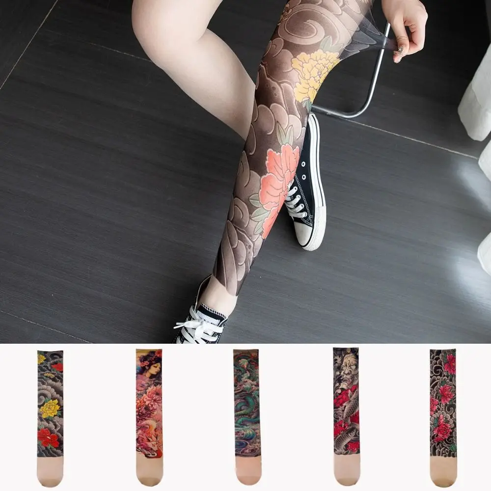 جديد مقلد الوشم جوارب واحدة الساق منظور شبكة الوشم جوارب مثير شخصية مطبوعة الفخذ الجوارب للجنسين #2