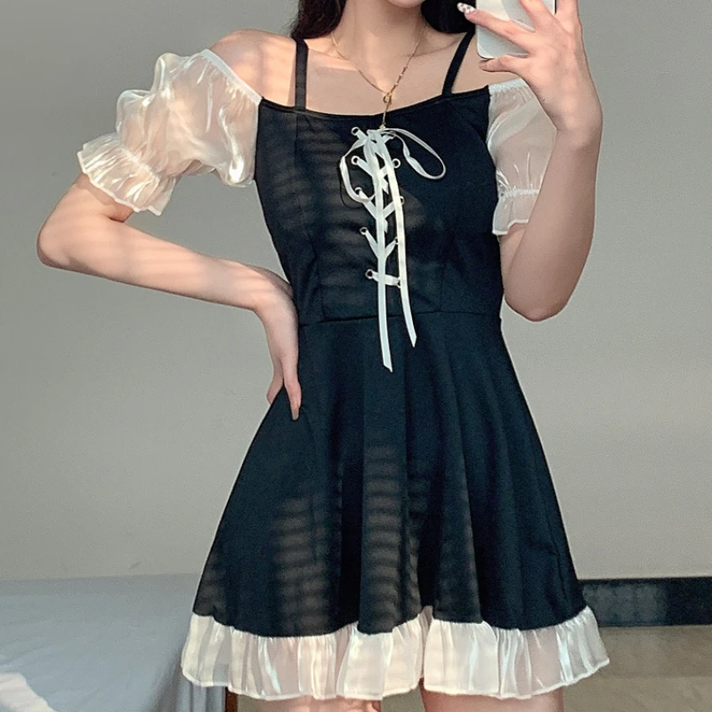 Nowa Narzutka Plażowa Damska Hotsweet Dziewczęca Vintage Kokarda Wycięcie Bez Pleców Retro Szyk Falbany Francuski Styl Prosty Strój Kąpielowy