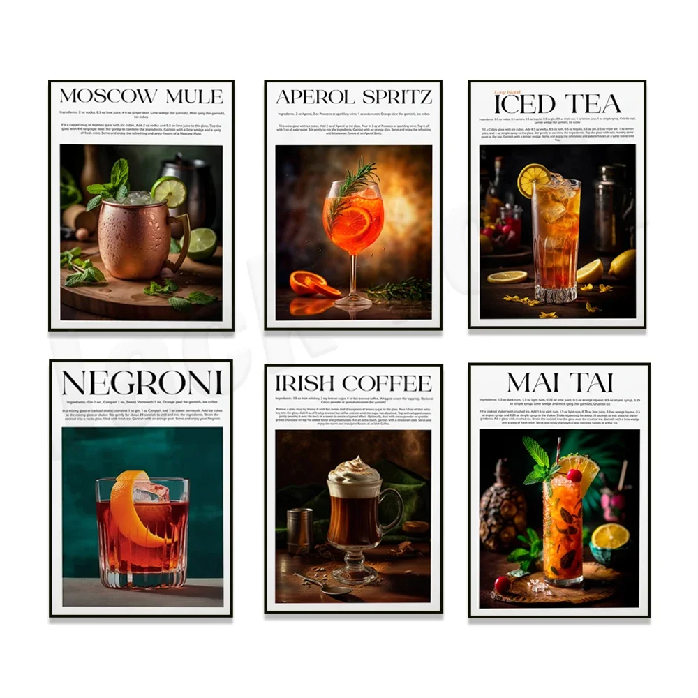 Cocktails with recipes and ingredients, mojito, espresso martini, cosmopolitan, negroni, long island iced tea cocktail poster