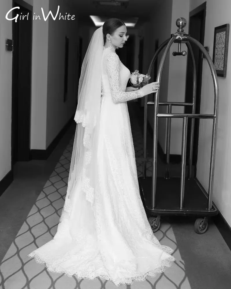 Vintage Full Lace A-Line Wedding Dresses Long Sleeves High Neck Long Bridal Gowns Customized Bride Robe Vestido De Novia