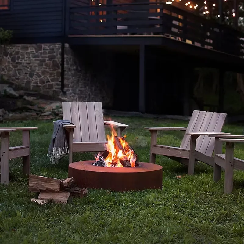 1200mm Round Rust Iron Wood Burning Fire Pit Outdoor Garden Patio Heater Alcohol Gas Stove Table for Camping Backyard Party