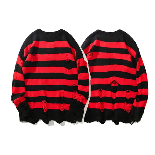 Suéteres de rayas de bloqueo de Color para hombres, suéter de moda de diseño rasgado destruido, Jersey de punto, ropa de calle de gran tamaño, Otoño e Invierno