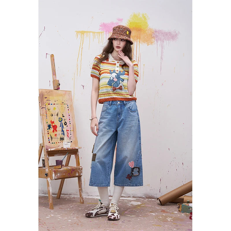 ELFSACK Colorful Striped Patchwork Knit Sweater, Rainbow Patch Detail Pullover, Casual Preppy Long Sleeve Top for Women