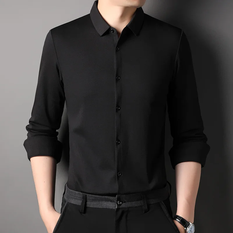 Top Grade Mulberry Silk 5.2% New Slim Fit Fashion Designer Brand Luxury Men Shirts 2023 Plain Long Sleeve Casual Mens Clothes