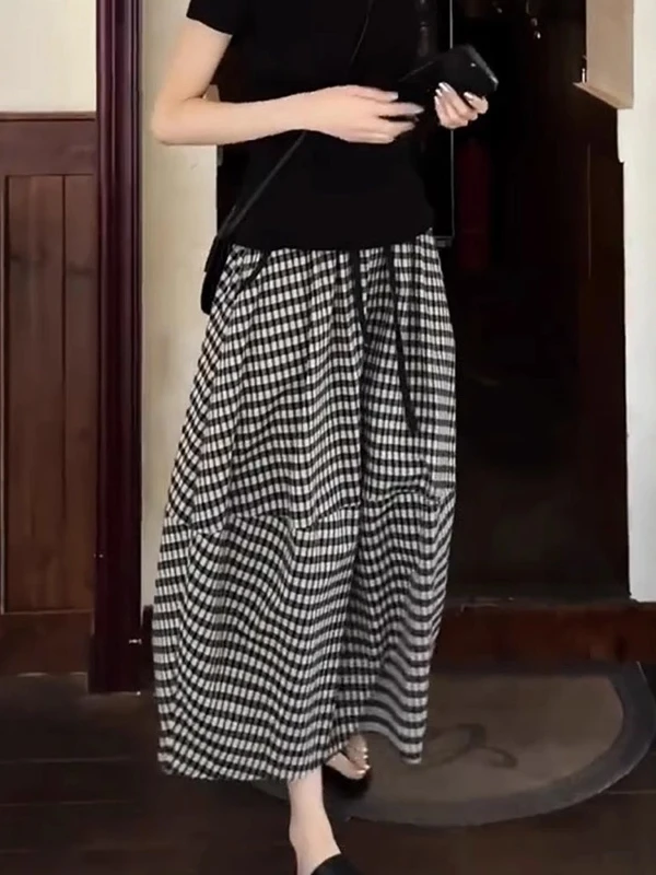 

Летняя свободная клетчатая юбка трапециевидной формы, женские утягивающие асимметричные юбки с высокой талией, повседневные облегающие юбки f-длины