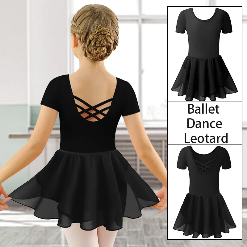 Body da danza classica per ragazza, manica corta, girocollo, per ragazza, ginnastica, gonne da ballo con cinghie incrociate sul retro