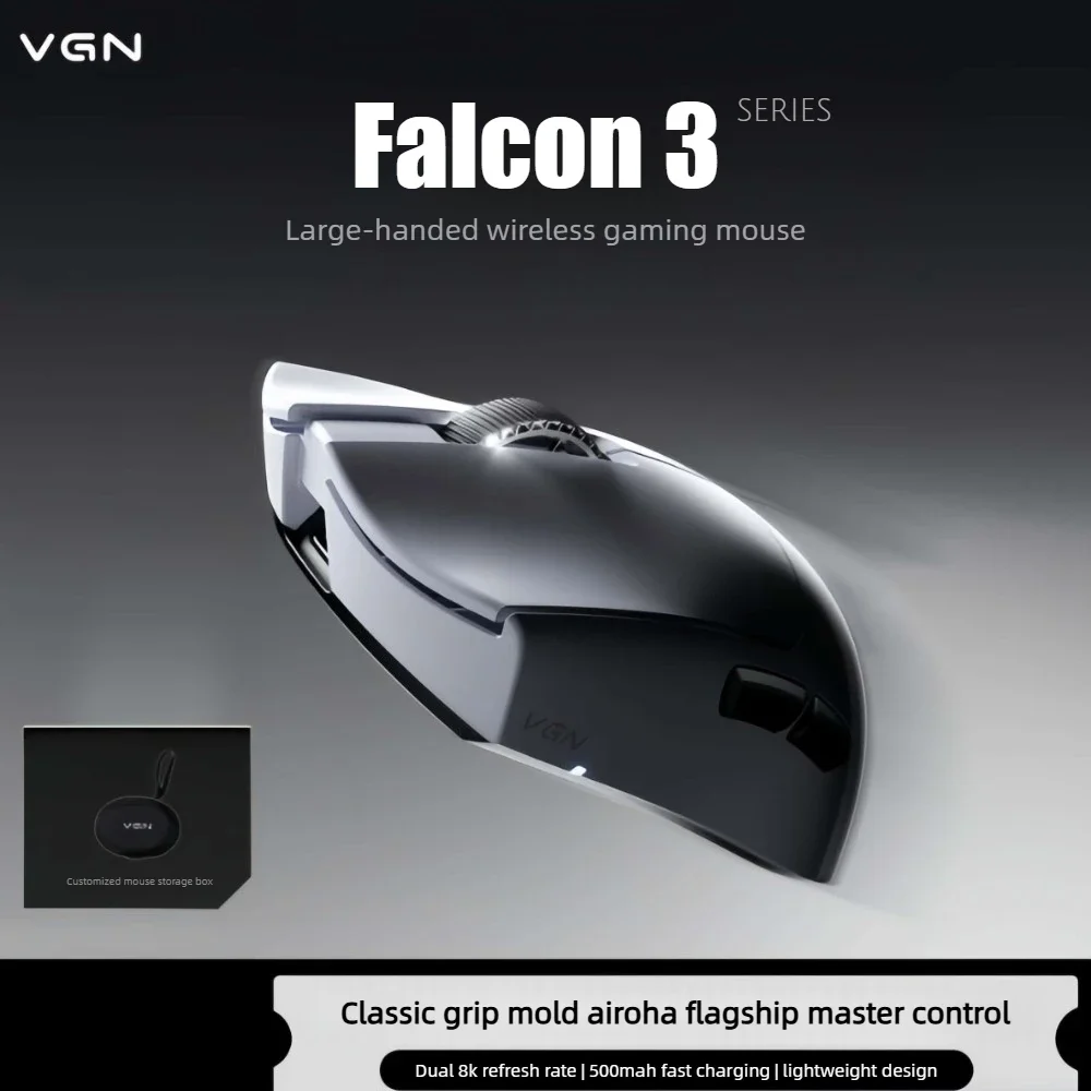 VGN Falcon 3 Wireless Gaming Mouse, PAW3955Extreme Double 8K Polling Rate, AB1623 Airoha Chip, for Medium Large Hand FPS Gamers
