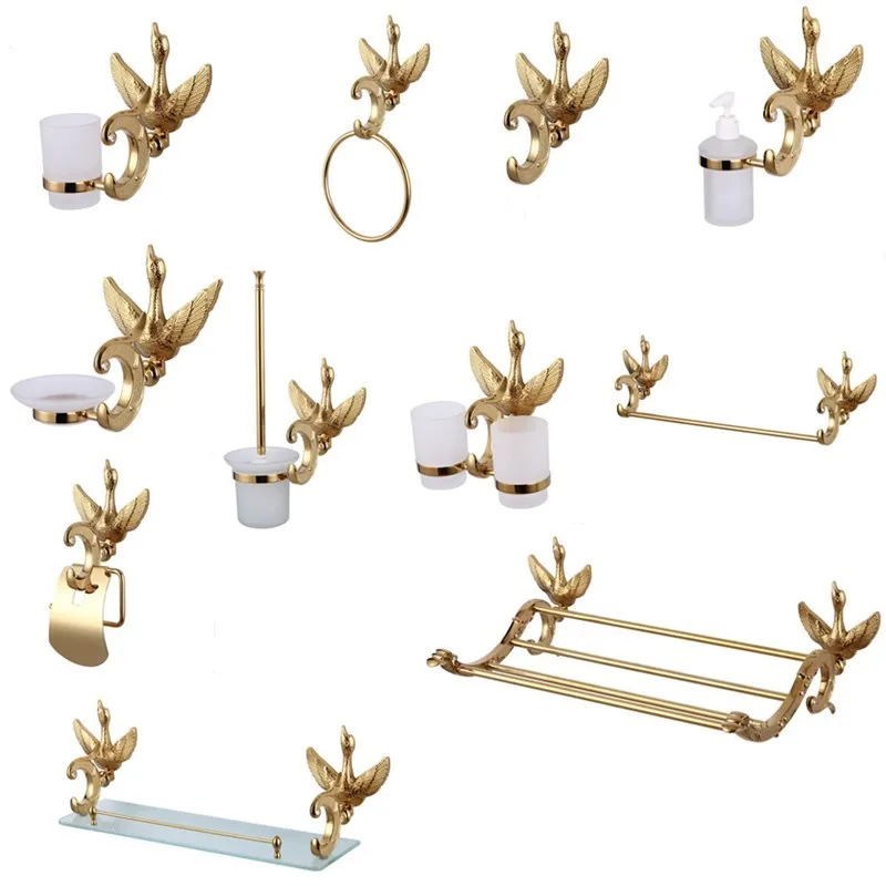 

Crystal Gold Polish Swan Bathroom Hardware Set Include Toilet Paper Holder, Robe Hook and Glass Shelf Wall Mount Luxury Rts88001