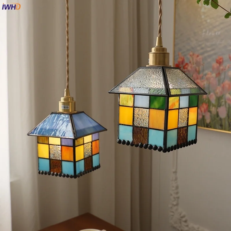 IWHD Colorful Cube LED Pendant Lamp Living Dining Room Balcony Vintage Loft Glass Kitchen Light Fixtures Copper Hanging Lights