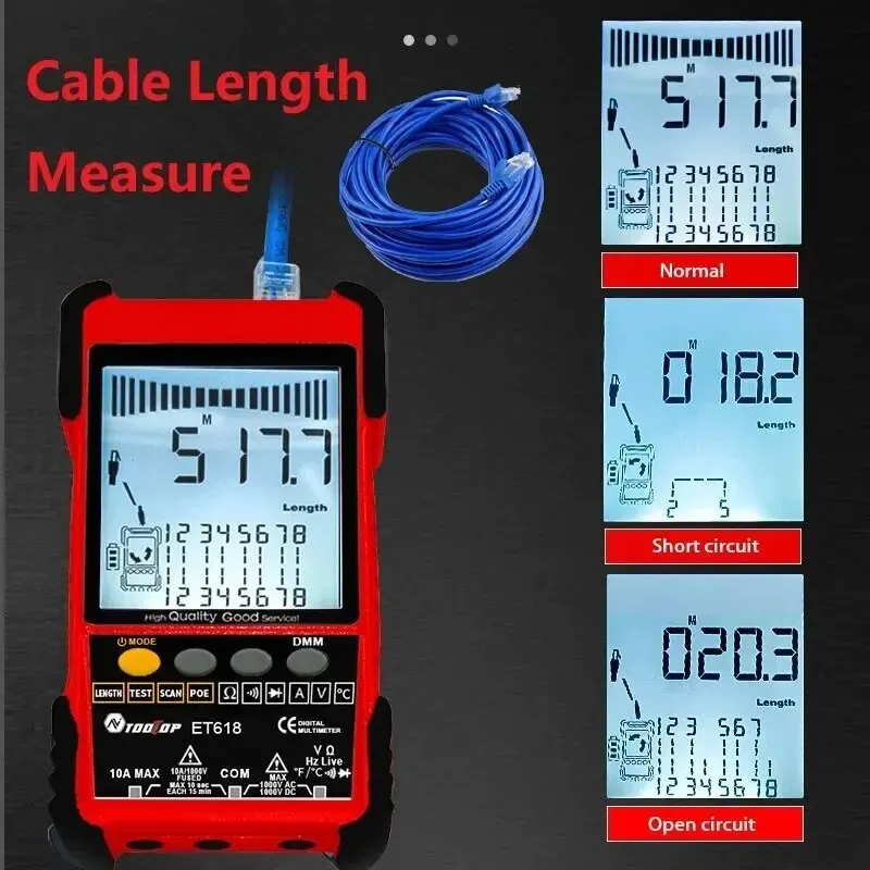 TOOLTOP Network Cable Tester Multimeter Lan Cable Tracking POE Test 400M/600M Length Measure Sensitivity Adjustable Line Tracker