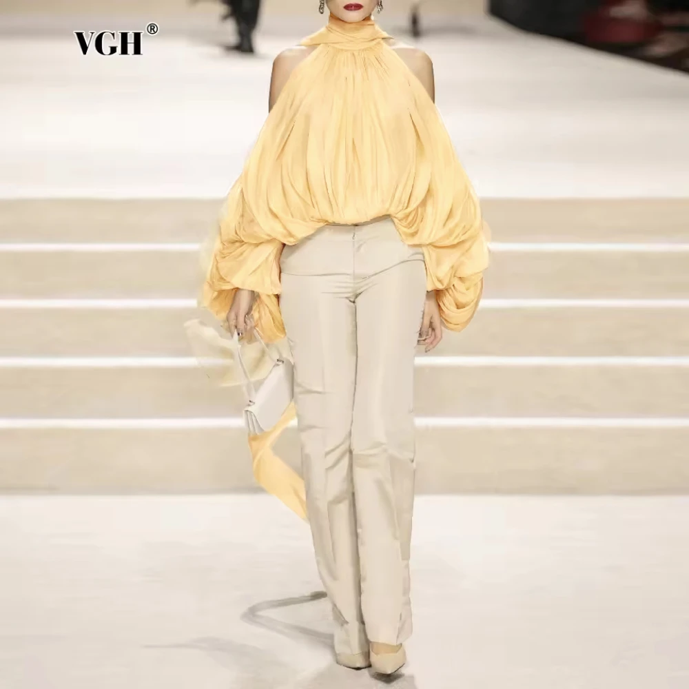 VGH Sexy Patchwork Folds Designer Blouse for Women Round Neck Off Shoulder Sleeve Chic Office Shirts Female Fashion Style New