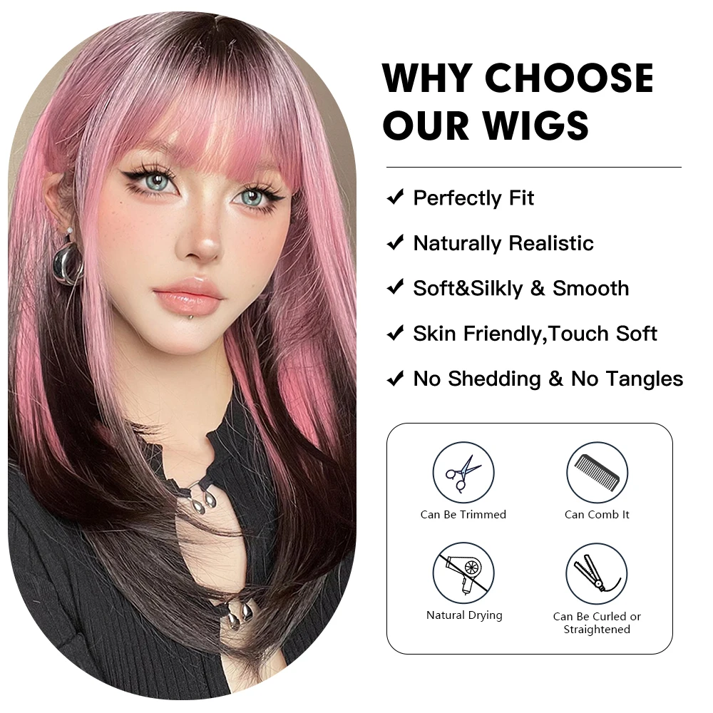 Long Straight Layered Wigs with Bangs Ombre Black to Pink Purple Synthetic Wig Cosplay Lolita Wig for Women Heat Resistant Fiber