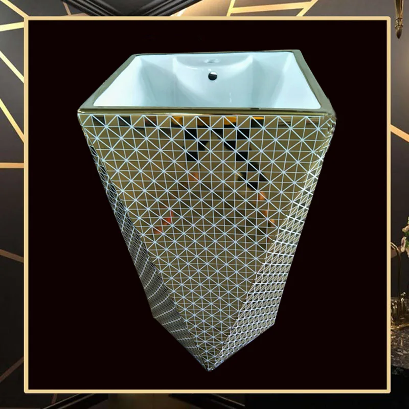 Export electroplated gold diamond integrated column basin, one-piece gold wash basin, square three-dimensional floor wash basin